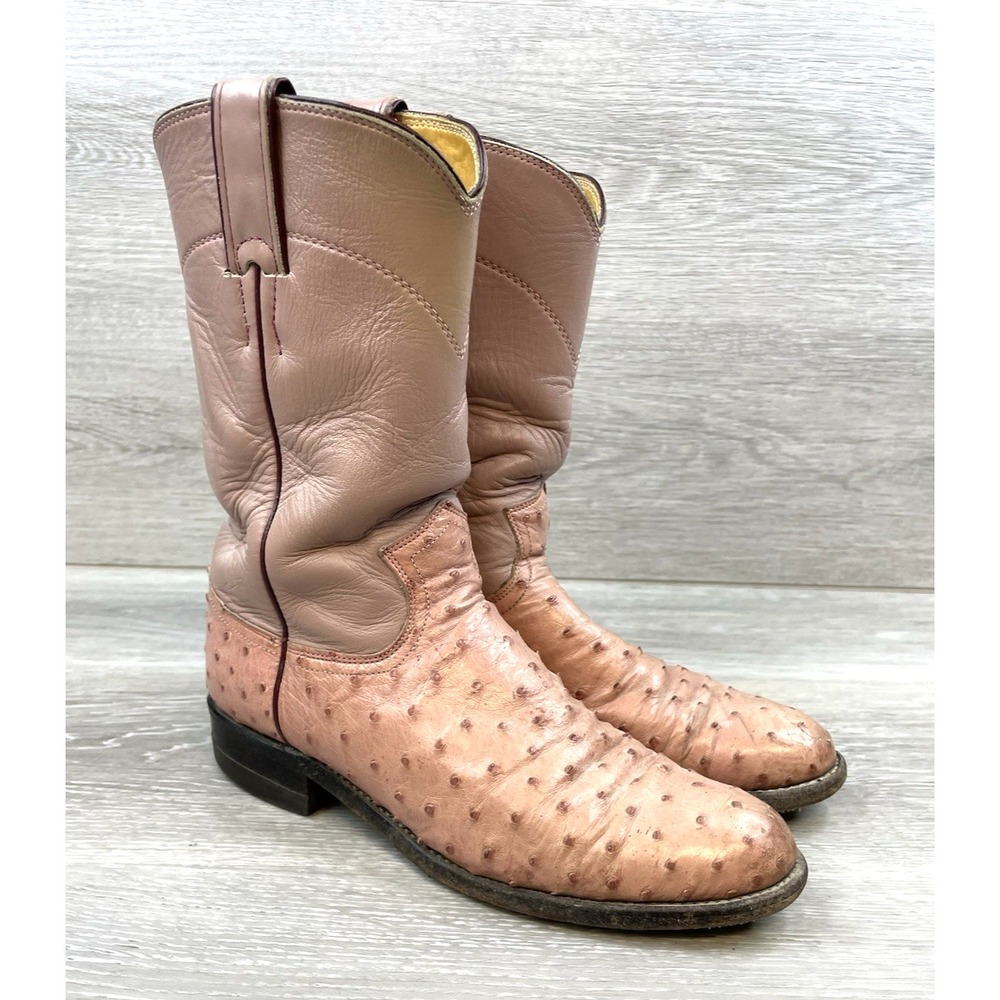 Justin‎ D2747 Ostrich Leather Western Cowboy Boots Pink Men's 6.5 USA Vintage